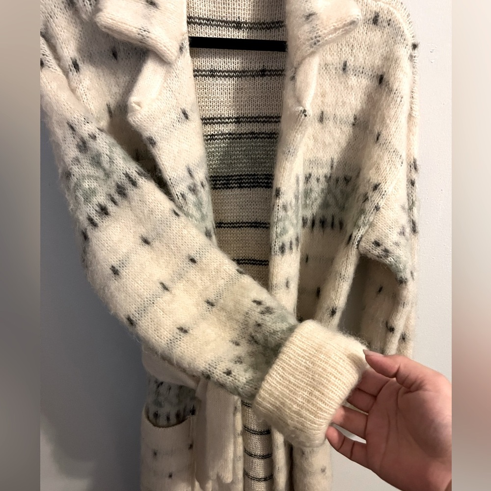ALAFOSS ICEWOOL Ivory & Brown Virgin Wool Full-Zip Belted Sweater Coat-  Sz S - Picture 7 of 14